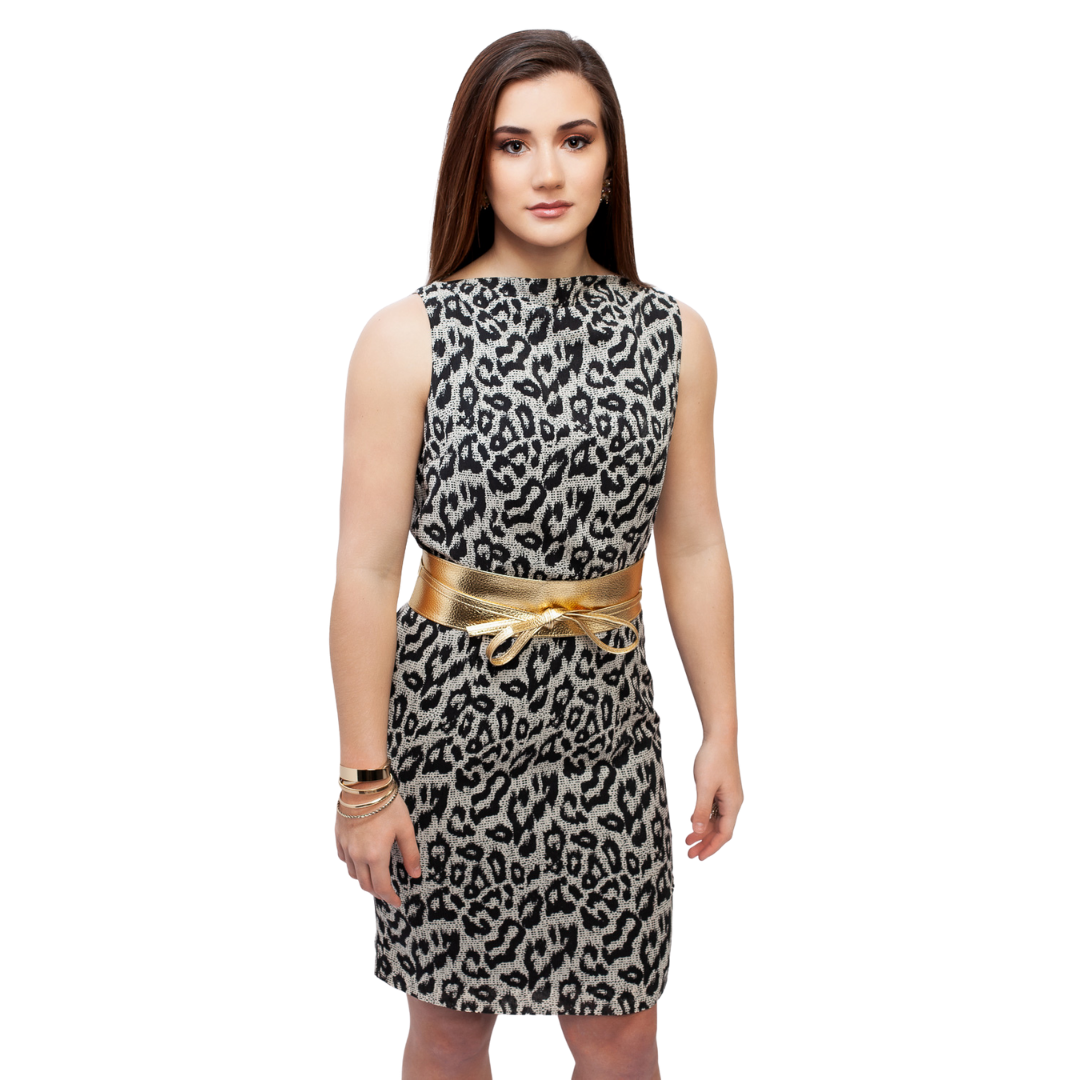 Sleeveless Bateau Neck Dress - Snow Leopard