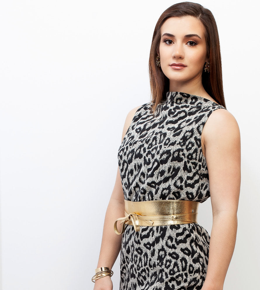 Sleeveless Bateau Neck Dress - Snow Leopard